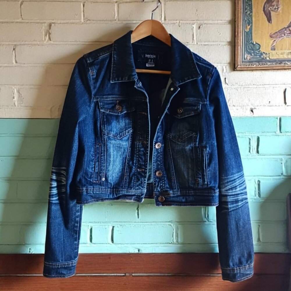 KENSIE Super Cool Distressed Cropped Jean Jacket EUC Sz M